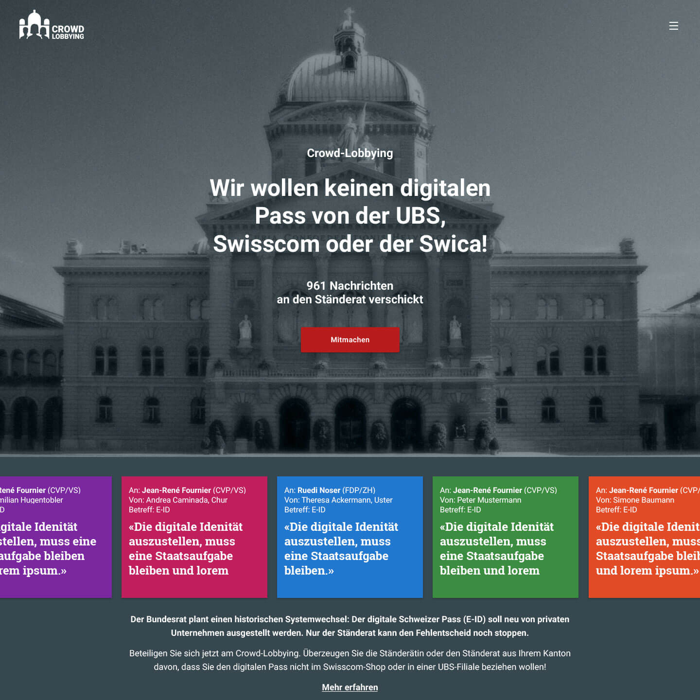 Screenshot der Startseite der Crowd Lobbying Plattform
