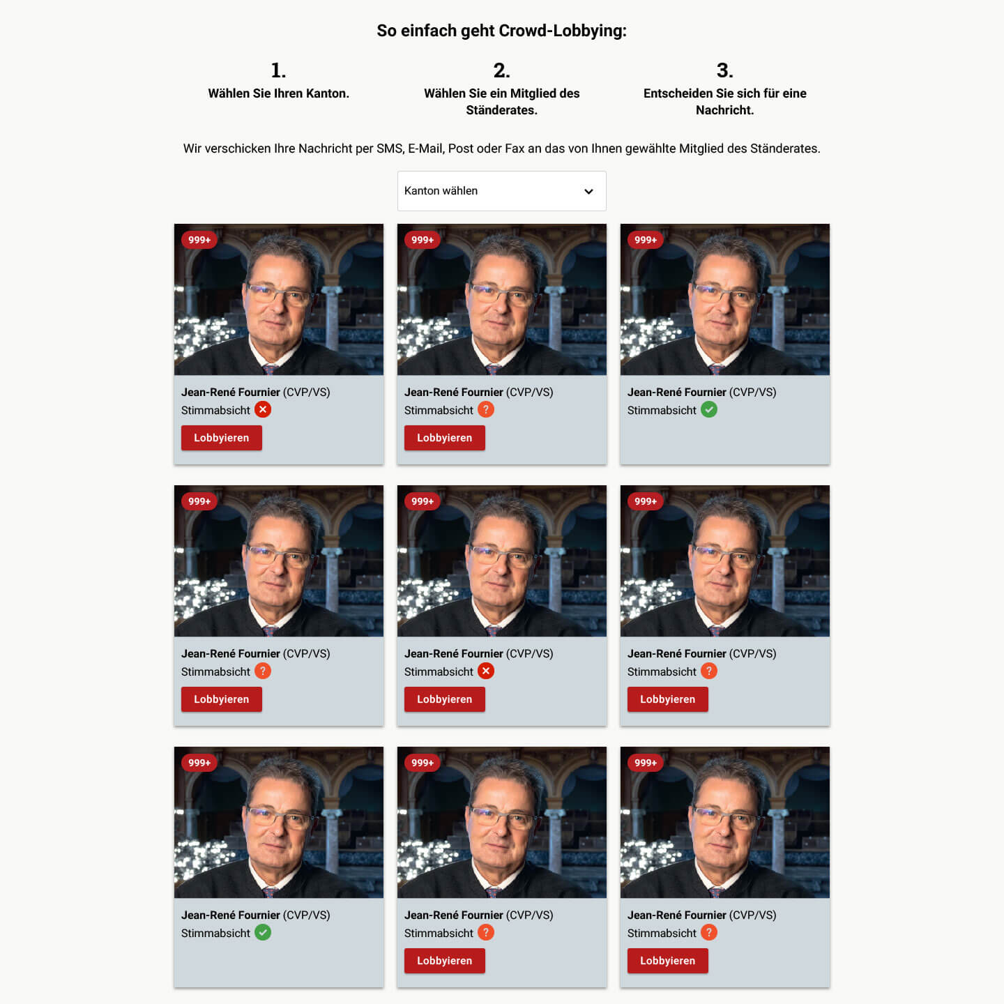 Screenshot mit Schritt 1 des Crowdlobbyings «Wählen Sie ein Mitglied des Parlaments»