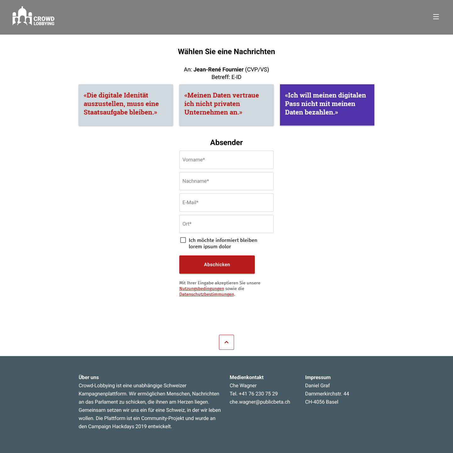 Screenshot mit Schritt 2 des Crowdlobbyings «Wählen Sie eine Nachricht»
