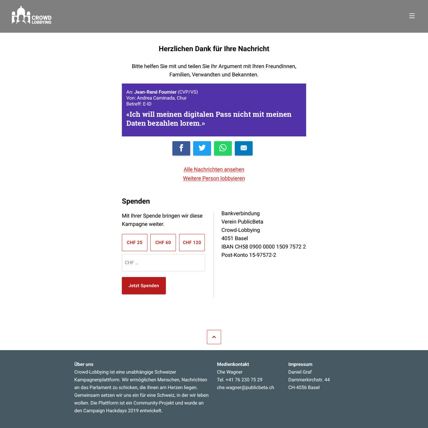 Screenshot mit der Danke-Seite des Crowdlobbyings