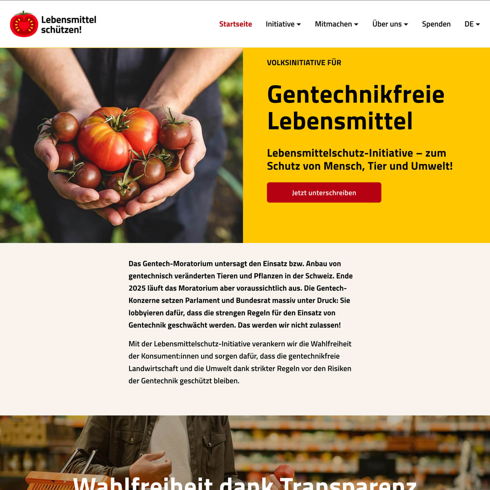 Screenshot der Startseite der Lebensmittelschutz-Initiative