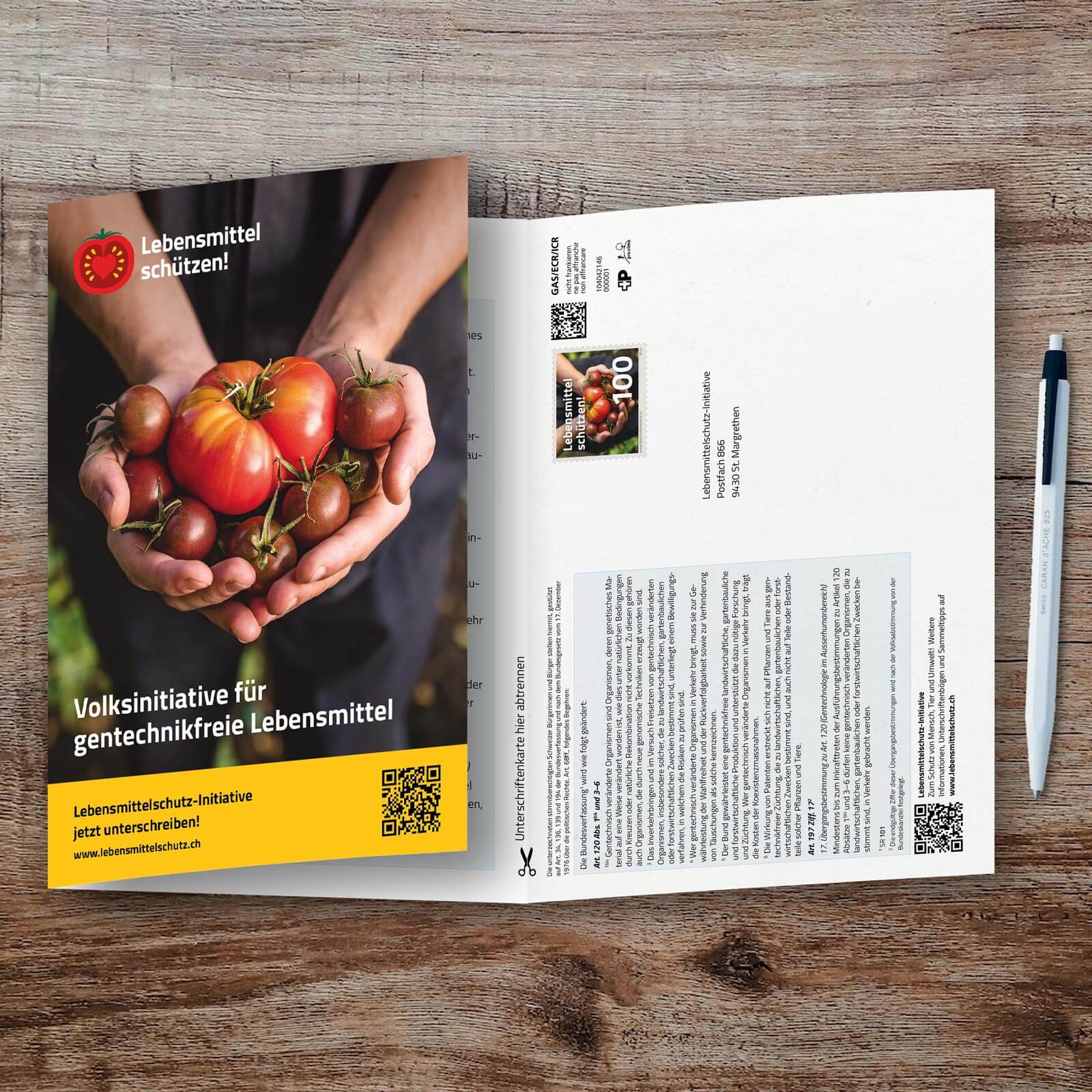 Info-Flyer der Lebensmittelschutz-Initiative inkl. Unterschriftenkarte zum Abtrennen und Unterschreiben.