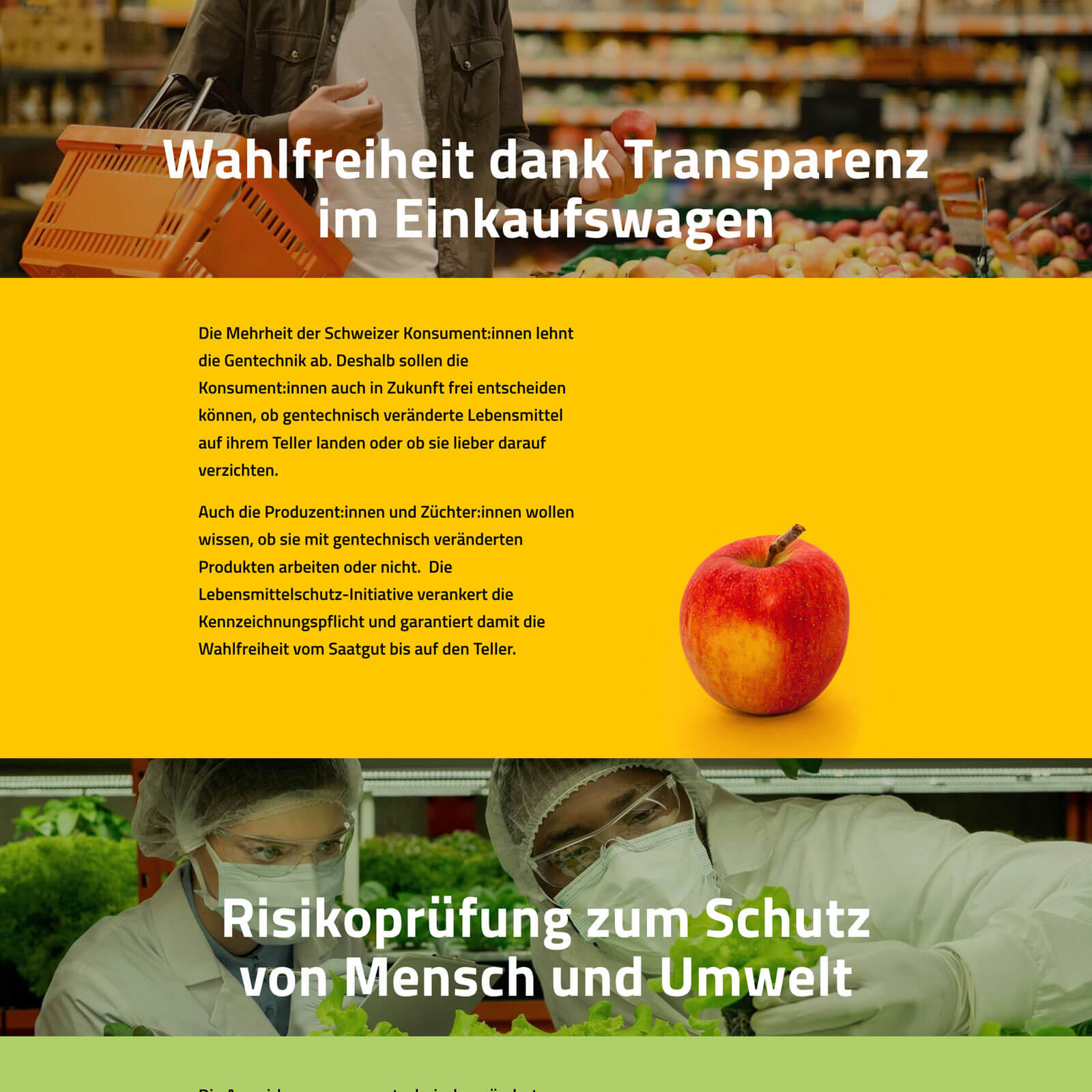 Screenshot der Startseite mit der Forderung «Wahlfreiheit dank Transparenz im Einkaufswagen»