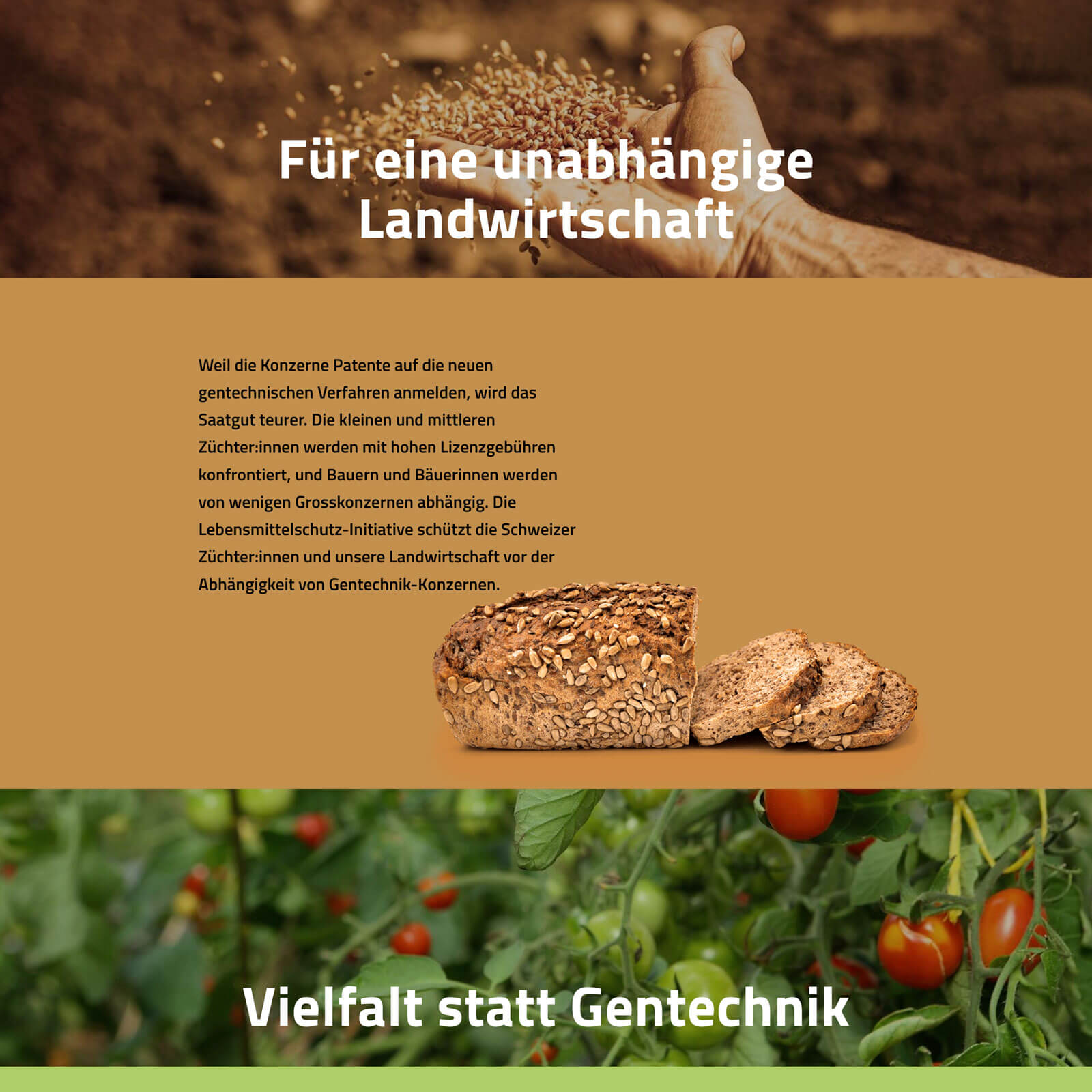 Screenshot der Startseite mit der Forderung «Für eine unabhängige Landwirtschaft»