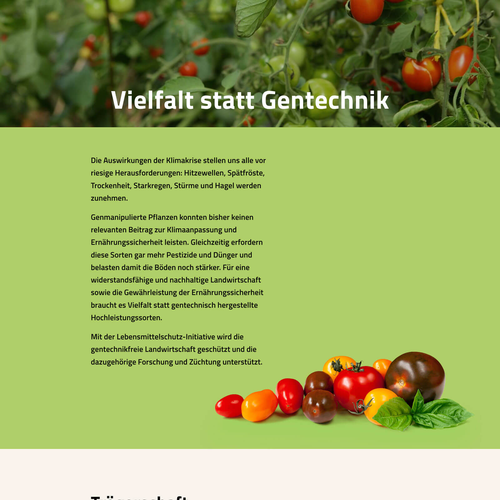 Screenshot der Startseite mit der Forderung «Vielfalt statt Gentechnik»