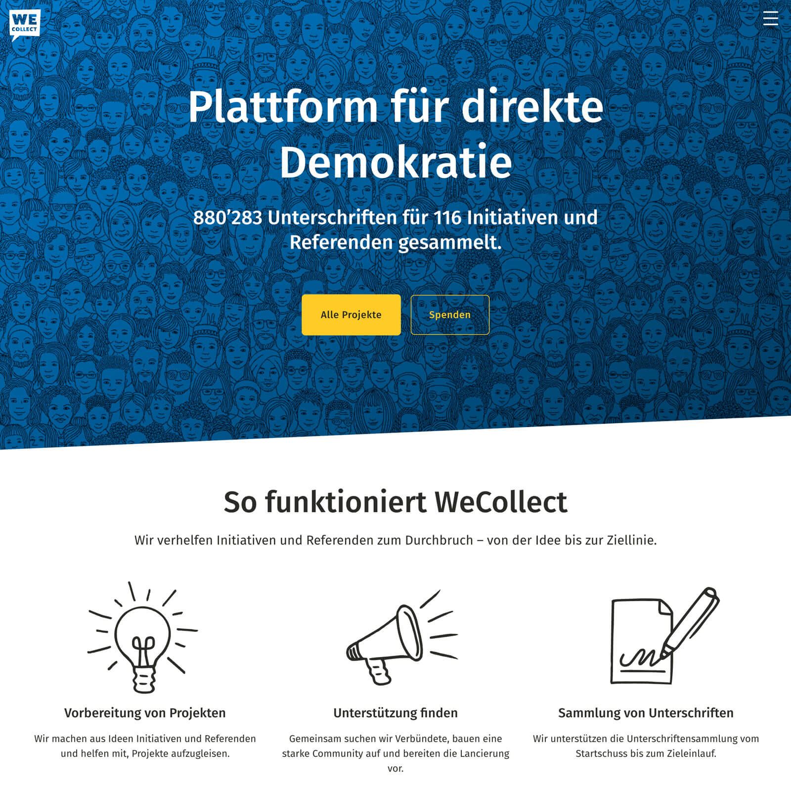 Screenshot der Startseite von WeCollect