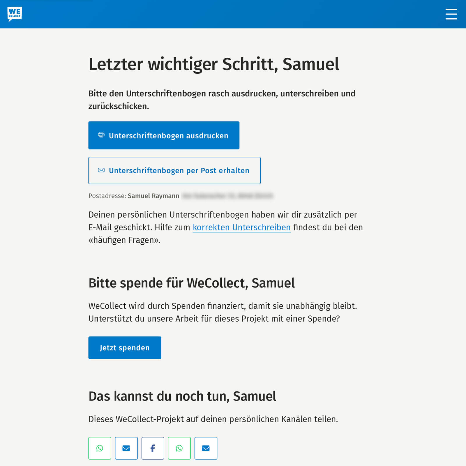 Screenshot der Danke-Seite nach dem Unterschreiben einer Volksinitiative oder eines Referendums.