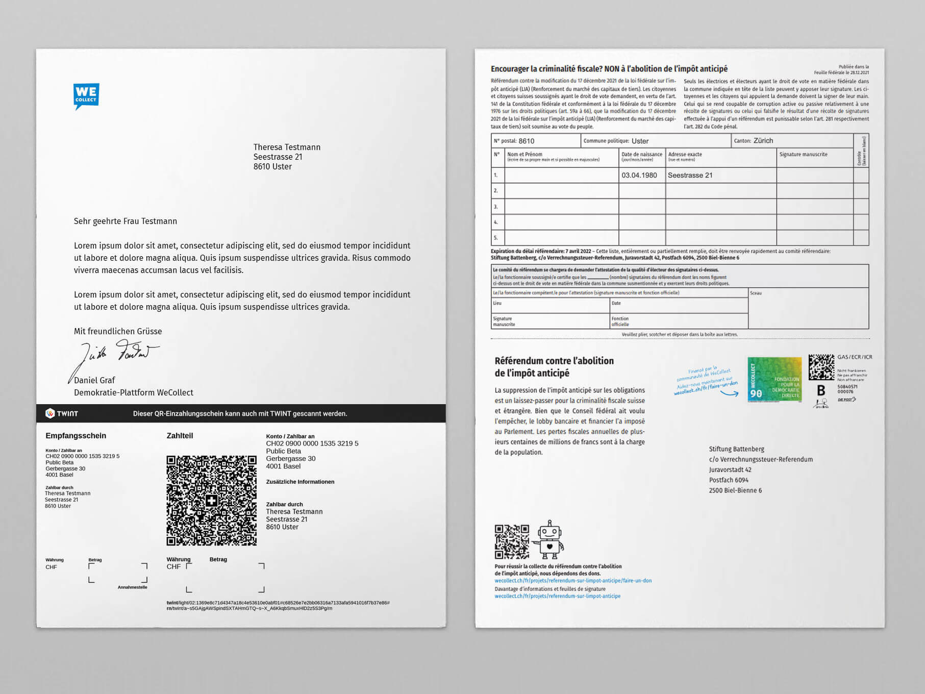 Personalisierter Begleitbrief inkl. QR-Rechnung zum Spenden sowie Unterschriftenbogen.